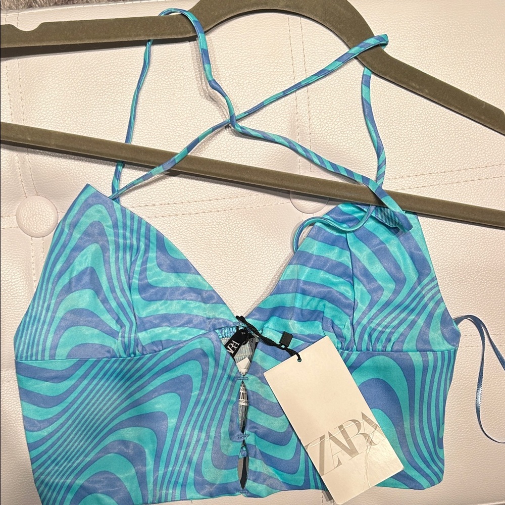 Zara Turquoise and Teal Patterned Halter Top